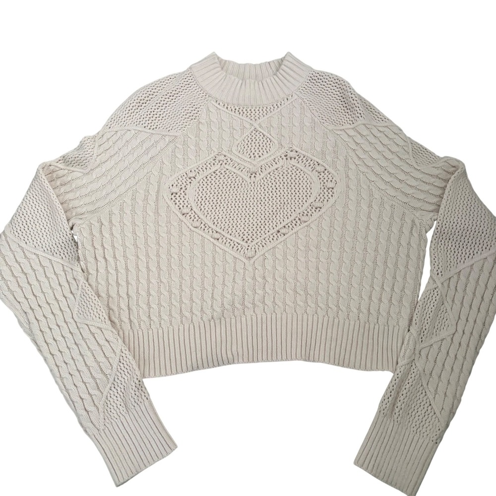 Pacsun Beverly & Beck Ivory Cable Knit Heart Cropped Sweater Cream Mock Neck‎ M